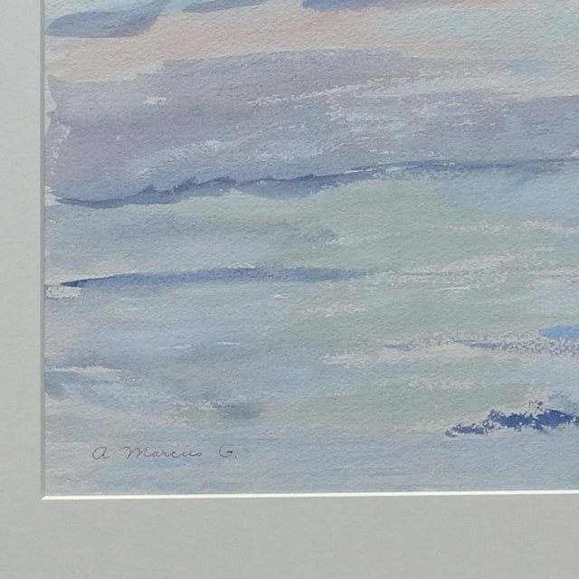 A nearly abstract, vigorous watercolor painting signed by mystery artist “A. Marcus G.” 18 x 23 inches as framed in pale...