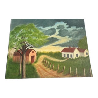 1990s Farmhouse and Barn Countryside Landscape Painting on Canvas For Sale