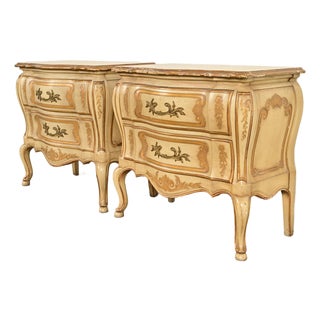 John Widdicomb Italian Rococo Louis XV Cream Lacquered and Gold Gilt Bedside Chests, Pair For Sale