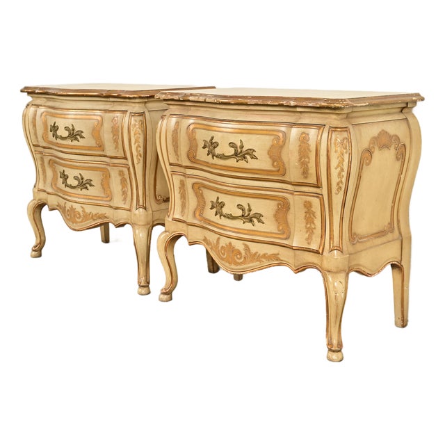 John Widdicomb Italian Rococo Louis XV Cream Lacquered and Gold Gilt Bedside Chests, Pair For Sale