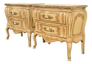 John Widdicomb Italian Rococo Louis XV Cream Lacquered and Gold Gilt Bedside Chests, Pair