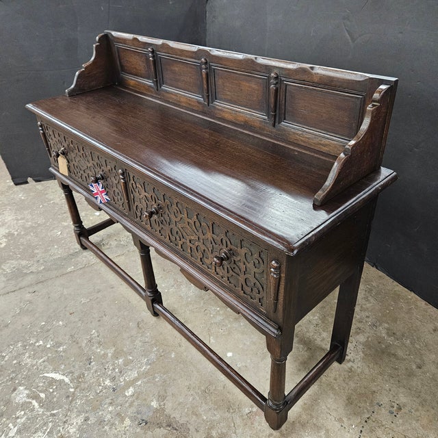 Brown Mid 19th Century Jacobean Oak 2 Drawer Sideboard With Turned Legs and Stretcher Base For Sale - Image 8 of 8