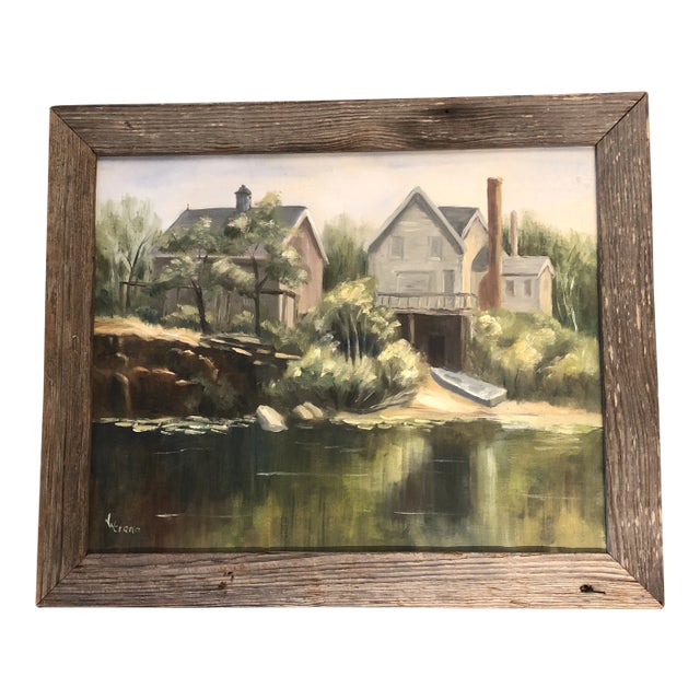 Vintage Original Boathouse Landscape Painting Barn Wood Frame For Sale