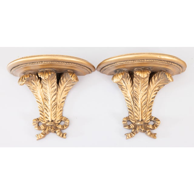 Plastic Vintage Italian Gilt Feathers & Bows Wall Brackets - A Pair For Sale - Image 7 of 7