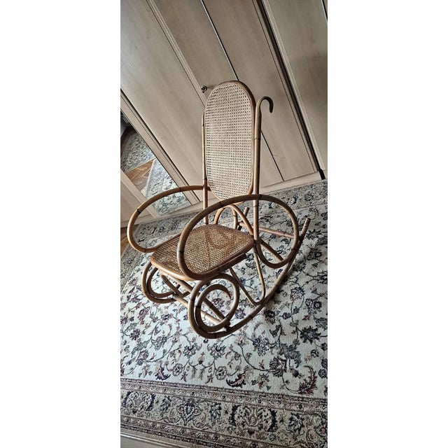 Vintage French Riviera Rattan and Cane Rocking Chair, 1950s For Sale - Image 4 of 4