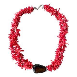 Vintage Coral and Smoke Quartz Beaded Necklace For Sale