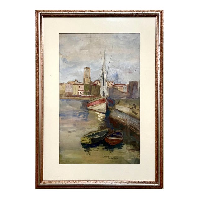 Adolf Feder, Adolf Feder Jewish Ecole De Paris Watercolor Pastel Painting Boat, Harbor Scene, c.1930's-1940's For Sale