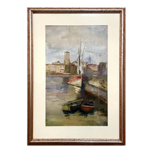 Adolf Feder, Adolf Feder Jewish Ecole De Paris Watercolor Pastel Painting Boat, Harbor Scene, c.1930's-1940's