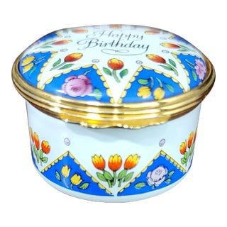 Bilston & Battersea English Fine Enamel "Happy Birthday" Round Box For Sale