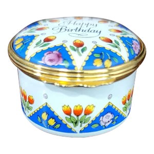 Bilston & Battersea English Fine Enamel "Happy Birthday" Round Box