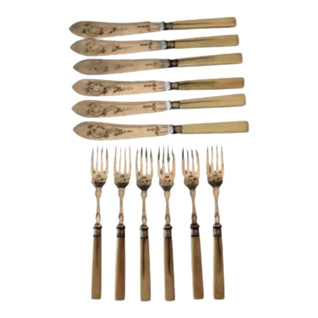 Circa 1910 Antique Mappin & Webb European Victorian Fish Knife and Fork Set- 6 Forks 6 Knives For Sale