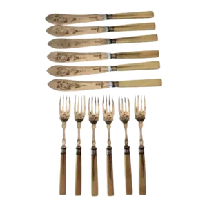 Circa 1910 Antique Mappin & Webb European Victorian Fish Knife and Fork Set- 6 Forks 6 Knives