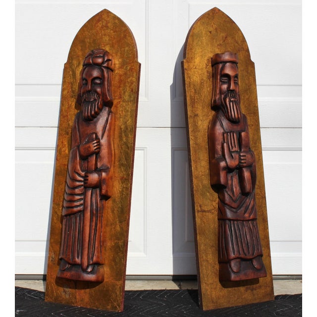 1960s Jaru California 36" Wall Art Wood Carved Figures Gold Plaques For Sale - Image 10 of 17