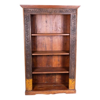 Indian Teak Wood Bookshelf with Decorative Carvings For Sale
