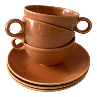 Set of 3 Vintage Taylor, Smith and Taylor Burnt Orange Cups and Saucers For Sale