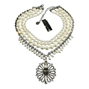 Graziano Faux Pearls Clear Rhinestones Oval Pendant Statement Necklace