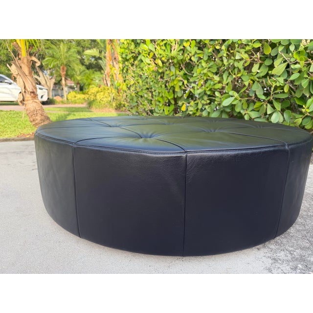 Poltrona Frau Cubo D120 Black Pelle Leather Round Ottoman on Casters For Sale - Image 9 of 12