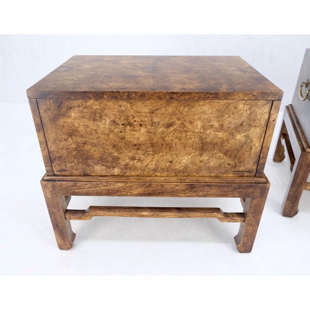 Pair of Burl Asian Campaign Fusion 2 Drawer Night Stands End Table Brass Pulls For Sale - Image 15 of 15