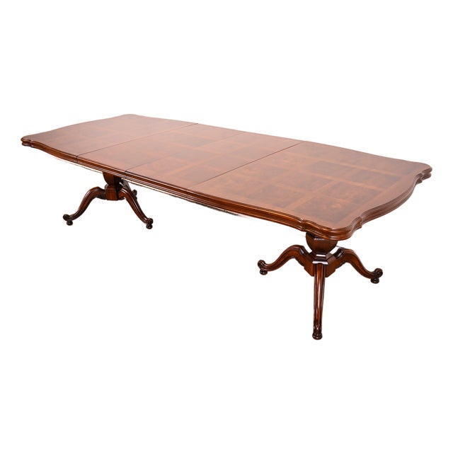 Baker Furniture Style French Regency Walnut and Burl Wood Double Pedestal Extension Dining Table, Newly Refinished For Sale