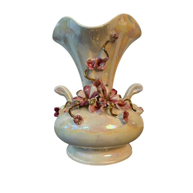 Capodimonte Vintage Capodimonte Iridescent Floral Fan Vase, Made in Italy, Applied Flowers & Gold For Sale - Image 4 of 7