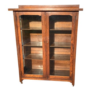 Late 19th Century Solid Oak Antique Victorian Double Door Glass Bookcase For Sale