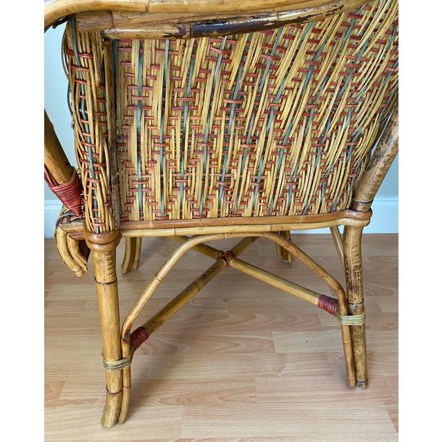 Wood Set of 6 Vintage American Wicker & Rattan Barrel-Back Armchairs, MCM Coastal For Sale - Image 7 of 12