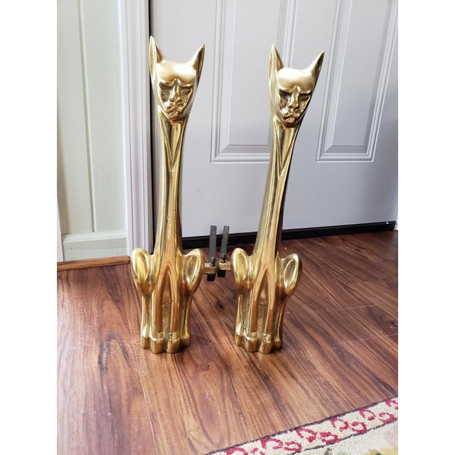1950s Mid Century Modern Brass Siamese Cat Fireplace Andirons a Pair