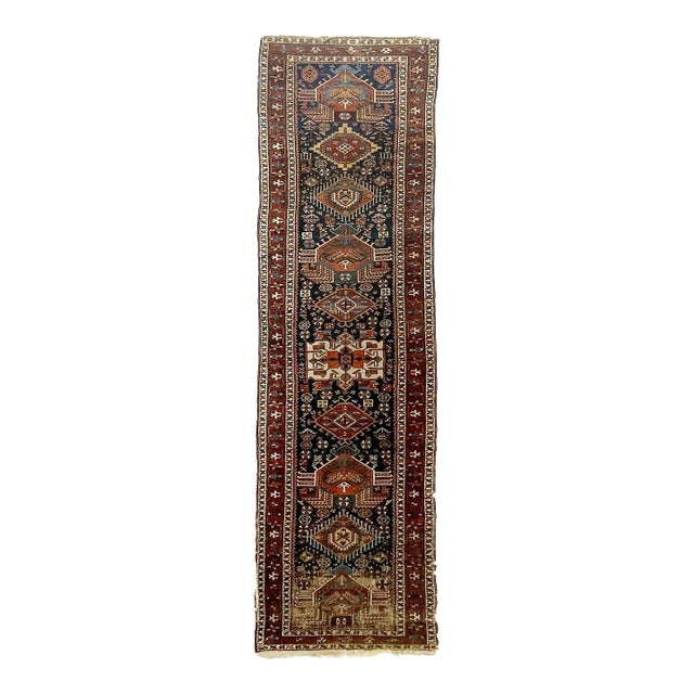 1920's Ancient Nomadic Northwest Persian Karaja Indigo, Clay & Forest Green Runner Rug 3.2 X 13.5 For Sale