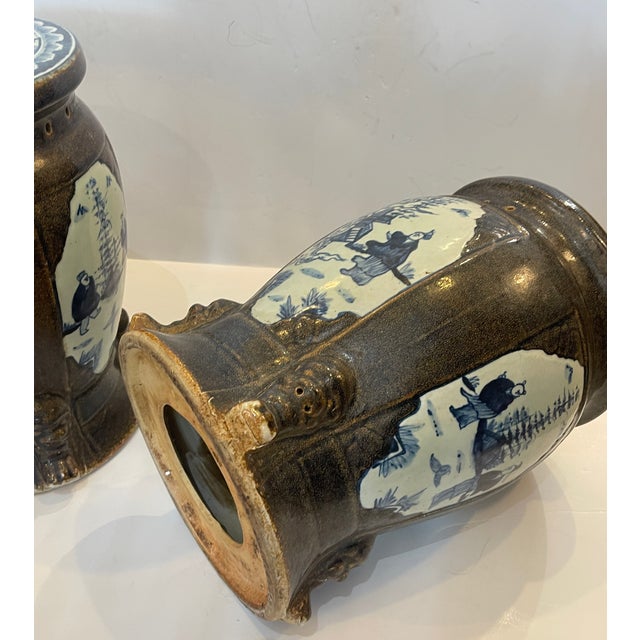 Pair Antique Chinese Brown Glaze With Blue & Withe Decor Garden Stools For Sale - Image 15 of 16