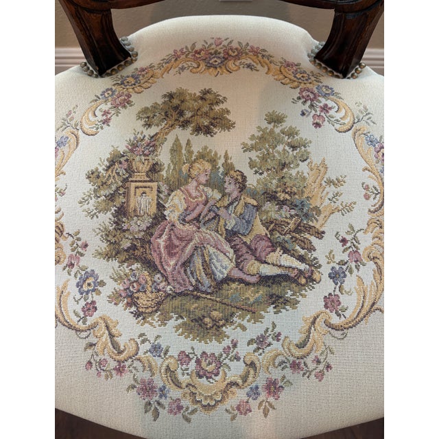 Vintage French Louis XV Style Carved Walnut Fauteuil With Pastoral Tapestry Upholstery For Sale - Image 4 of 8