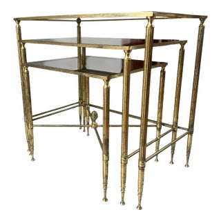 Vintage Solid Brass Smoked Glass Nesting Tables Set of Three For Sale