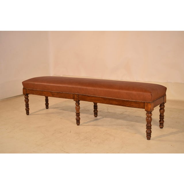 19th Century English Oak Upholstered Leather Bench For Sale - Image 4 of 9