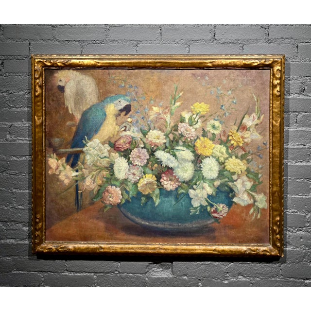Impressionist Montague Hall –Exotic Parrots and Floral Still Life – Early 20th Century Oil Painting For Sale - Image 3 of 12
