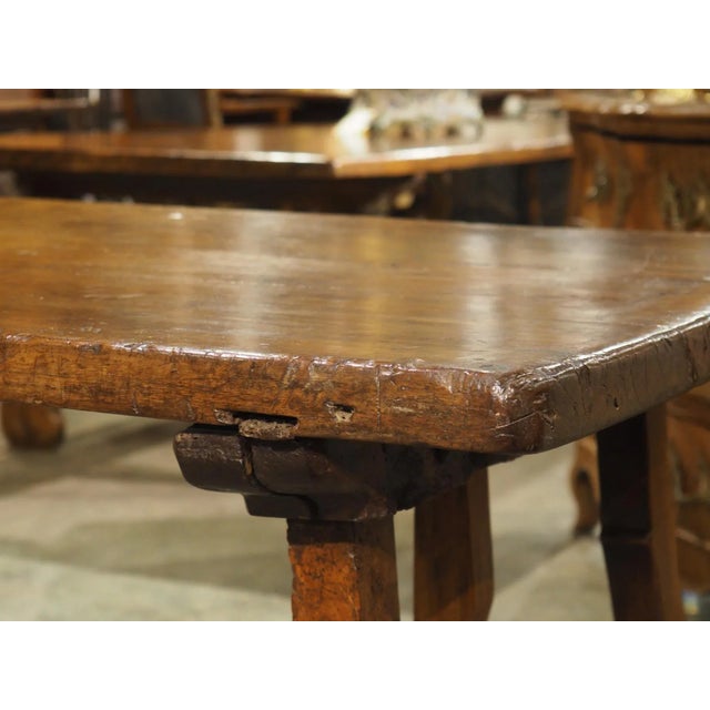 Brown 17th Century Italian Single Walnut Plank Top Table With Lyre Legs For Sale - Image 8 of 18