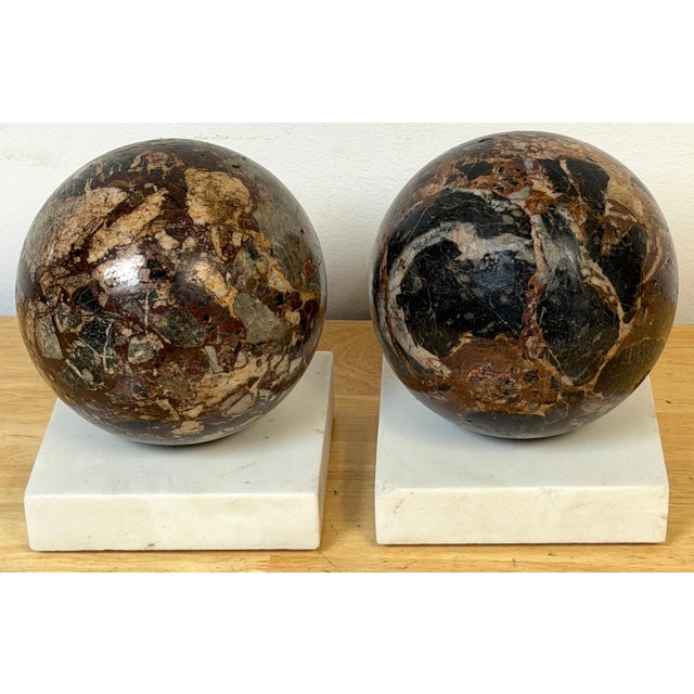 Pair Italian Grand Tour Style Brecciated Specimen Marble Spheres Carrara Bases For Sale - Image 11 of 14