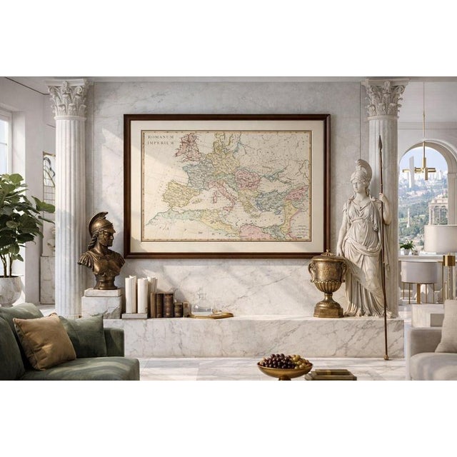 This finely engraved and beautifully hand-colored map presents the vast extent of the Roman Empire at its height, spanning...