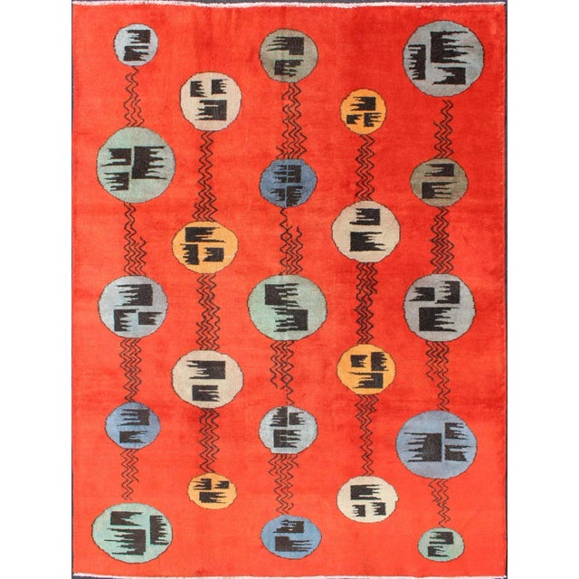Art Deco Design Vintage Turkish Rug With Circular Motifs in Orange Red Colors For Sale - Image 13 of 13
