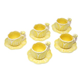 Vintage Hand-Painted Yellow and White Flower and Frog Espresso Cups and Saucers - Set of 12 For Sale
