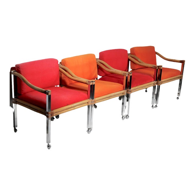 Set of Four Chrome and Bamboo Dining Arm Chairs C 1970's For Sale