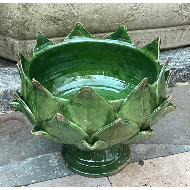 Italian Italian Majolica Artichoke Pedestal Bowl, Emerald Green For Sale - Image 3 of 8