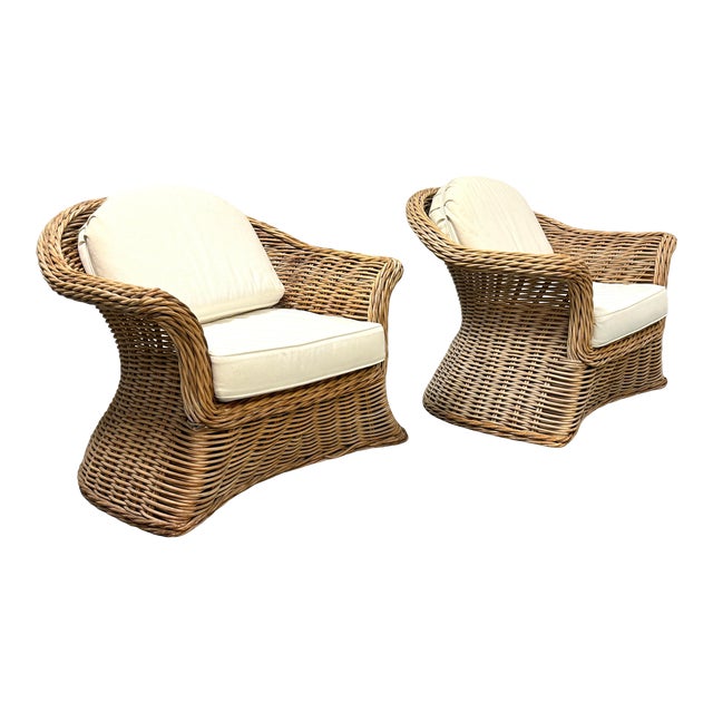 Wicker Works Pair Sculptural Coastal Rattan Chairs Chairish