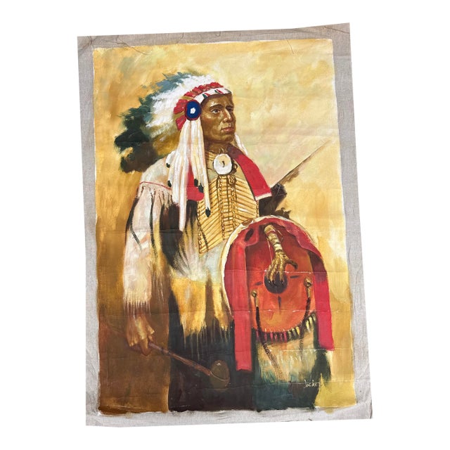 Large Vintage Original Apache Native Indian Chief Oil Painting Portrait / Canvas For Sale
