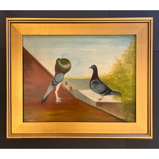 Realism Oil Painting on Board of a Pouter Pigeon in Courtship by Satori Gregorakis For Sale - Image 3 of 3