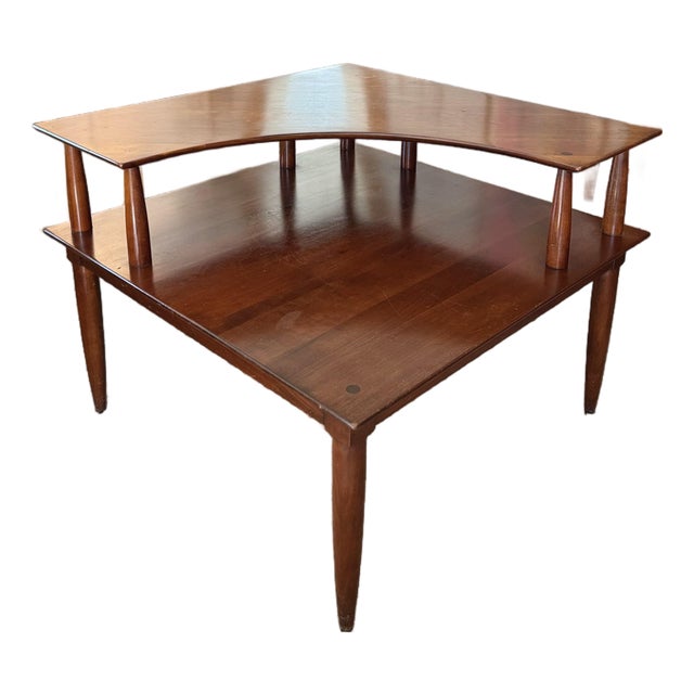 Large 2 Tier Corner Table in a Warm Cherry Finish, Blending Form and Function With Its Clean Mid Century Lines, Circa 1970s. For Sale