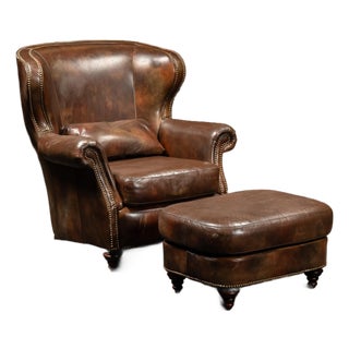 Vintage Wingback Leather Chair With Pillow, Ottoman by Walter E. Smithe For Sale