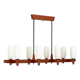 Minimalist Teak and Opal Glass Chandelier attributed to Kaiser, Germany, 1960s For Sale