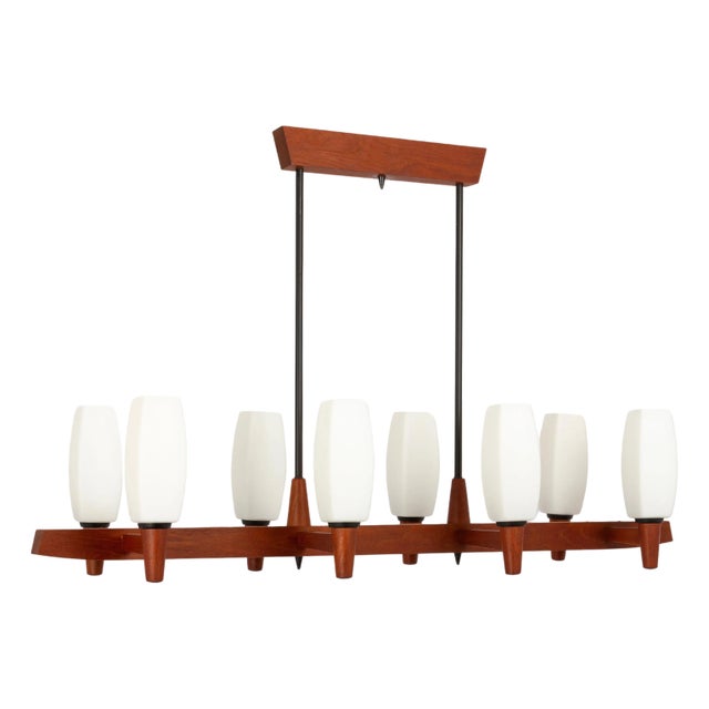 Minimalist Teak and Opal Glass Chandelier attributed to Kaiser, Germany, 1960s For Sale