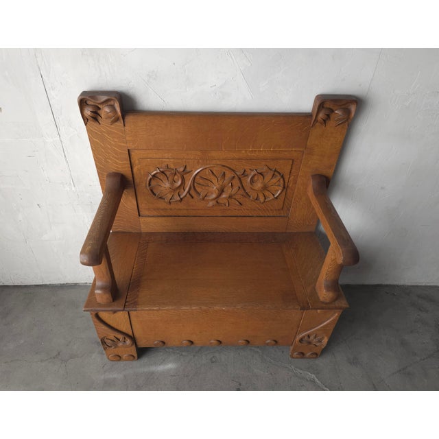 Wood Antique Arts and Crafts Style Carved Oak Hall Bench With Storage For Sale - Image 7 of 10