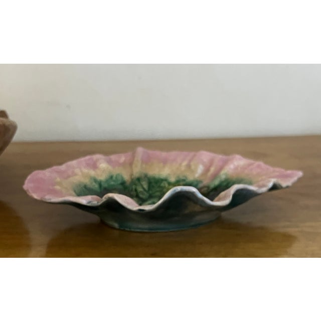 Antique begonia leaf dish made by Griffin, Smith & Hill in the 1880's. The Etruscan dish has a pink rim with green center.