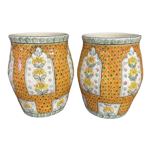 Large Pair of 1940s Hand Painted Talavera Vases Signed Casa Rossier For Sale